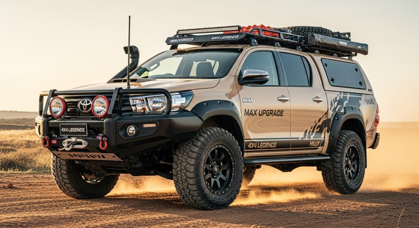 A beige Toyota Hilux with 4x4 Legends upgrades, including off-road tires and bull bar, driving through a dusty landscape.