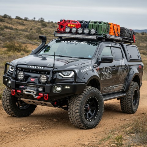 A fully equipped black Isuzu D-MAX from 4x4 Legends with a bull bar and winch, ready for rugged terrain.