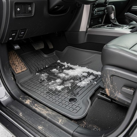 Aegis All-Weather Liners installed in a vehicle's footwell, showing protection from melted snow and dirt.