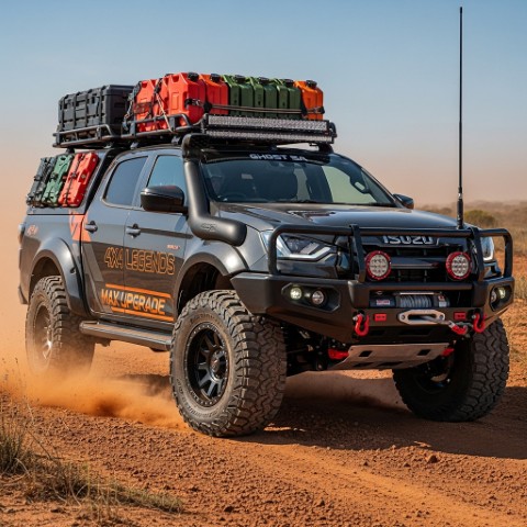 An aggressive-looking grey Isuzu D-MAX with 4x4 Legends upgrades driving through a dry, dusty environment.
