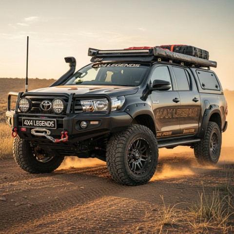 Front three-quarter view of a black Toyota Hilux with 4x4 Legends upgrades driving on a dirt road.
